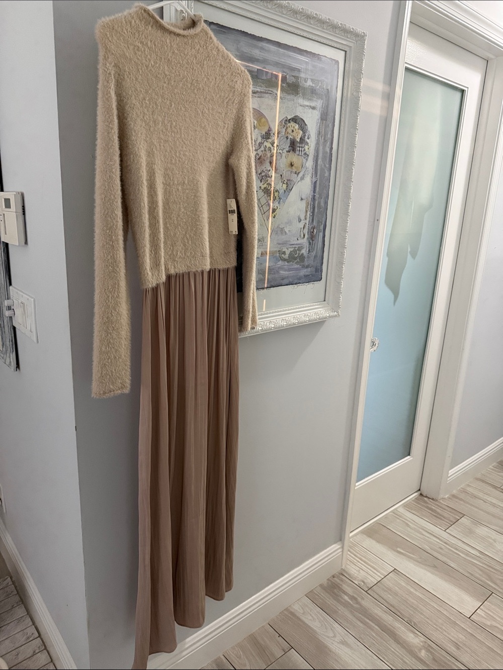 Anthropologie Beige Fuzzy Knit Top with Taupe Pleated Maxi Skirt